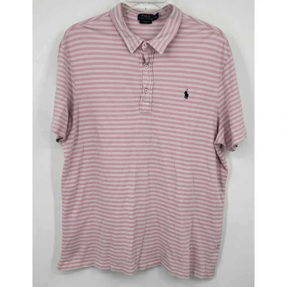 Ralph Lauren Polo Shirt Mens‎ XXL Pink White Stripe Golf Feather Weight Mesh